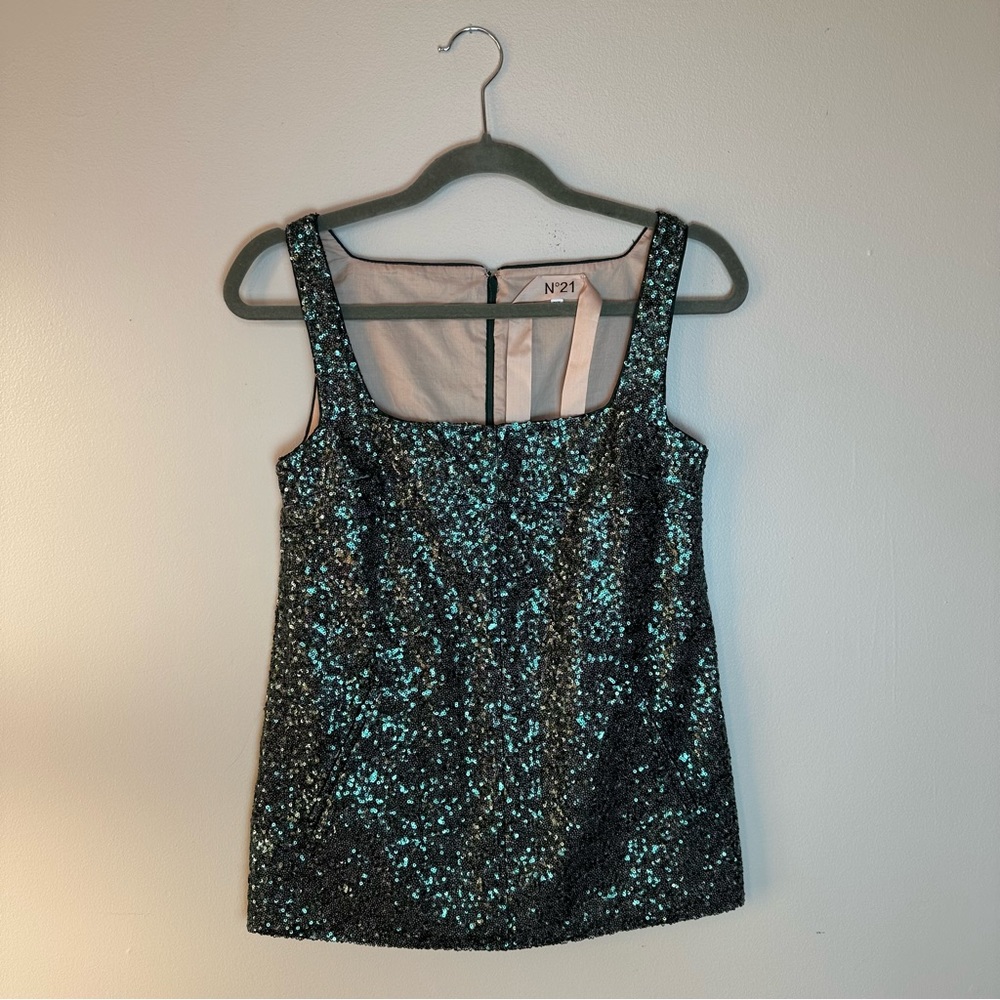 N°21 Sequin Sleeveless Top Blue Green Teal Italian Designer N21 Numero Ventuno